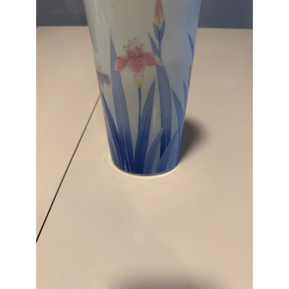 Japanese‎ Porcelain Cylinder Vase Blue Pink Iris Floral Gold Rim Signed 8 Inch